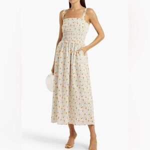 HVN Laura Long Smocked Dress A Rose Script Floral Midi White Orange Cotton NWT